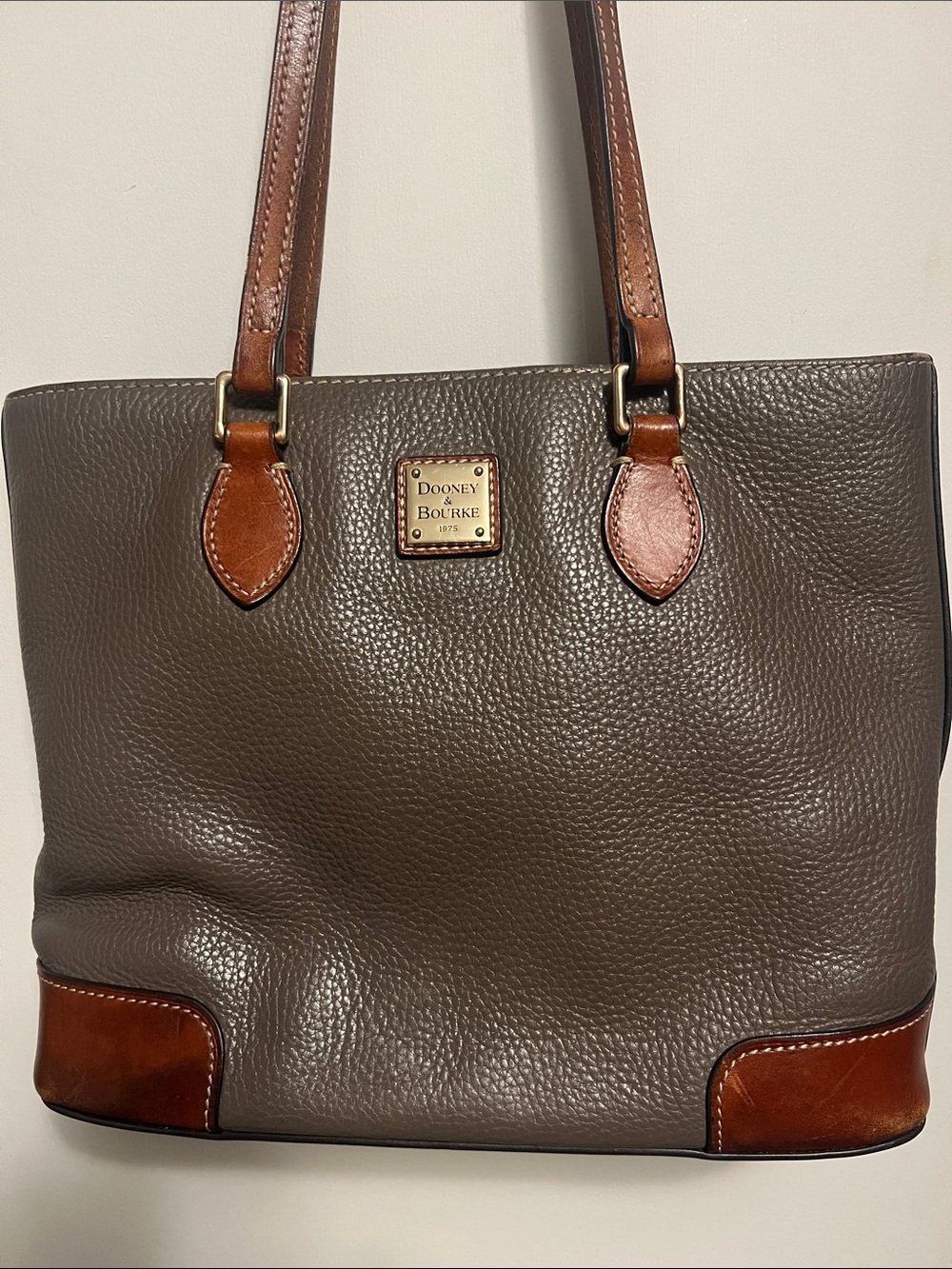 Dooney & Bourke Gray Pebbled Leather Tote with Brown Trim